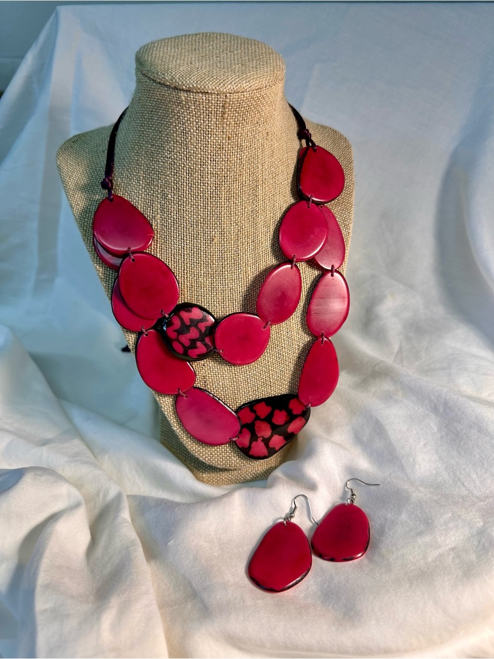 Magenta Tagua Nut Statement Double-Strand Necklace & Earrings Set